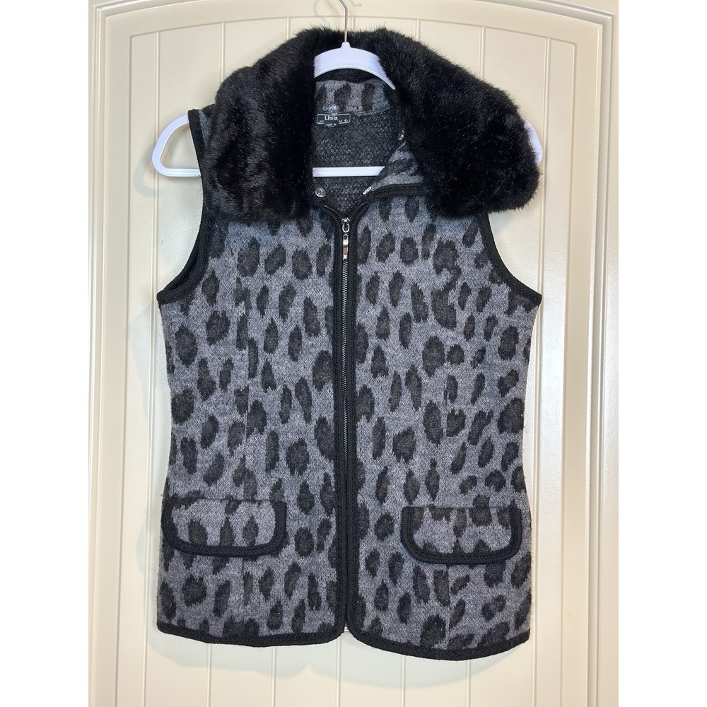 Lisa International Removable Faux‎ Fur Collar leopard print Wool Vest Sz S GUC